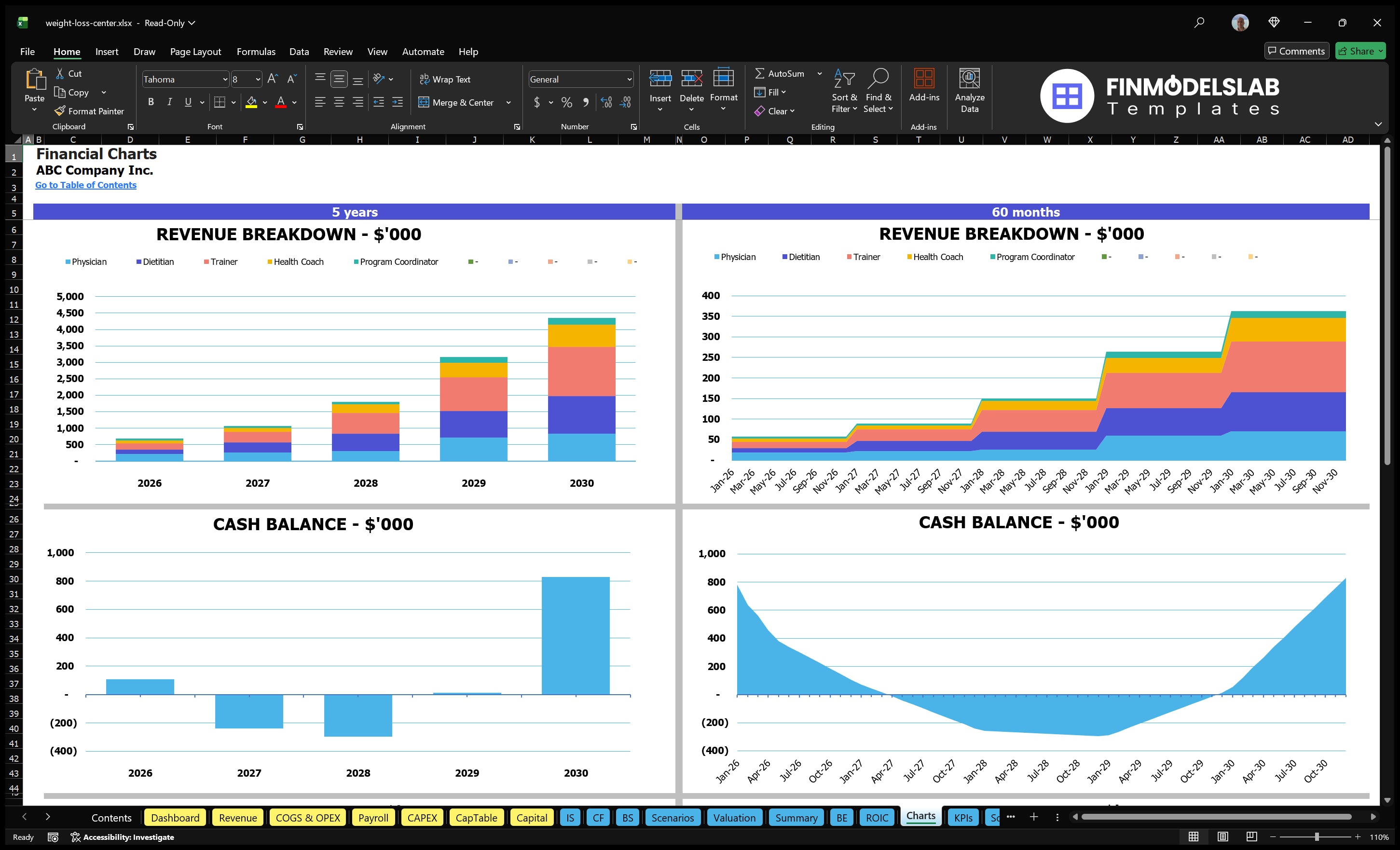 weight loss center financial model charts financialmodelslab