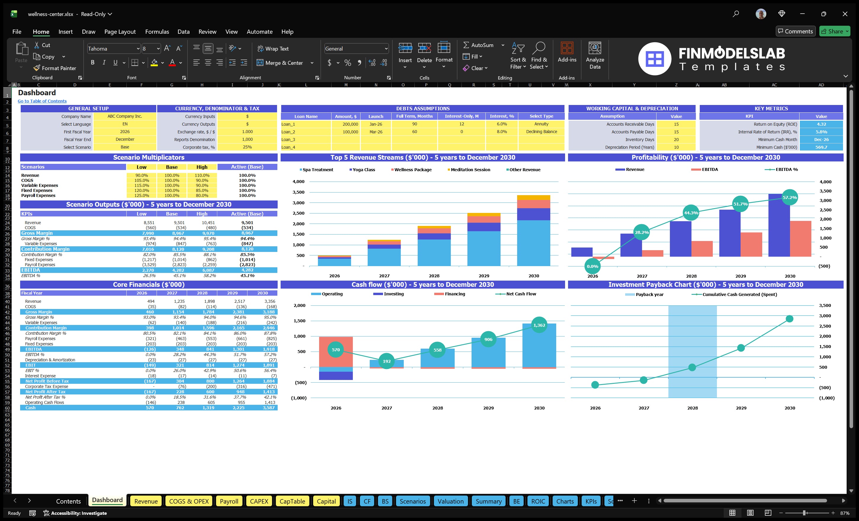 Wellness Center navigation desk with scenario control, basic finance, revenue mix, profitability, cash flow, return on investment, working capital and key metrics