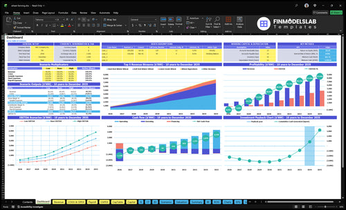 Wheat Farming Financial Model dashboard summarizes key KPIs, runway/cash and operational performance in a dynamic dashboard, highlighting cash-flow blind spots and investor-ready charts.