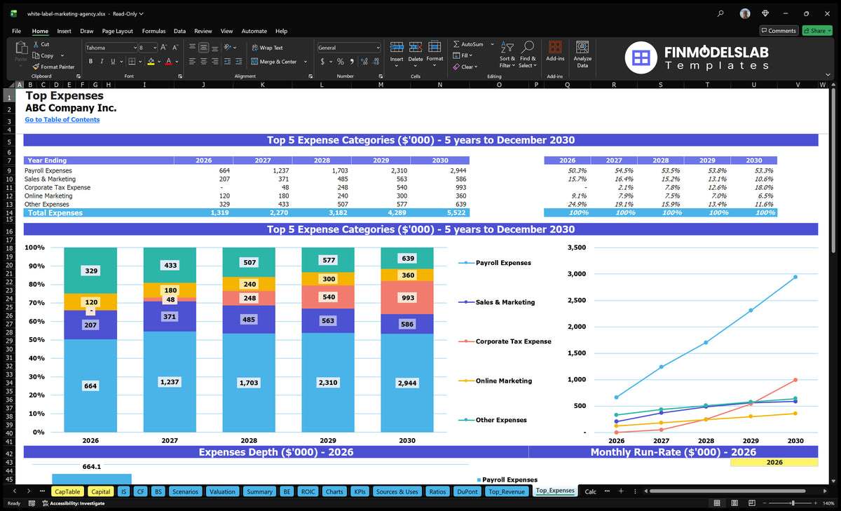 White Label Marketing Agency Model: 5 Years, 10-Mo Breakeven, 5% IRR