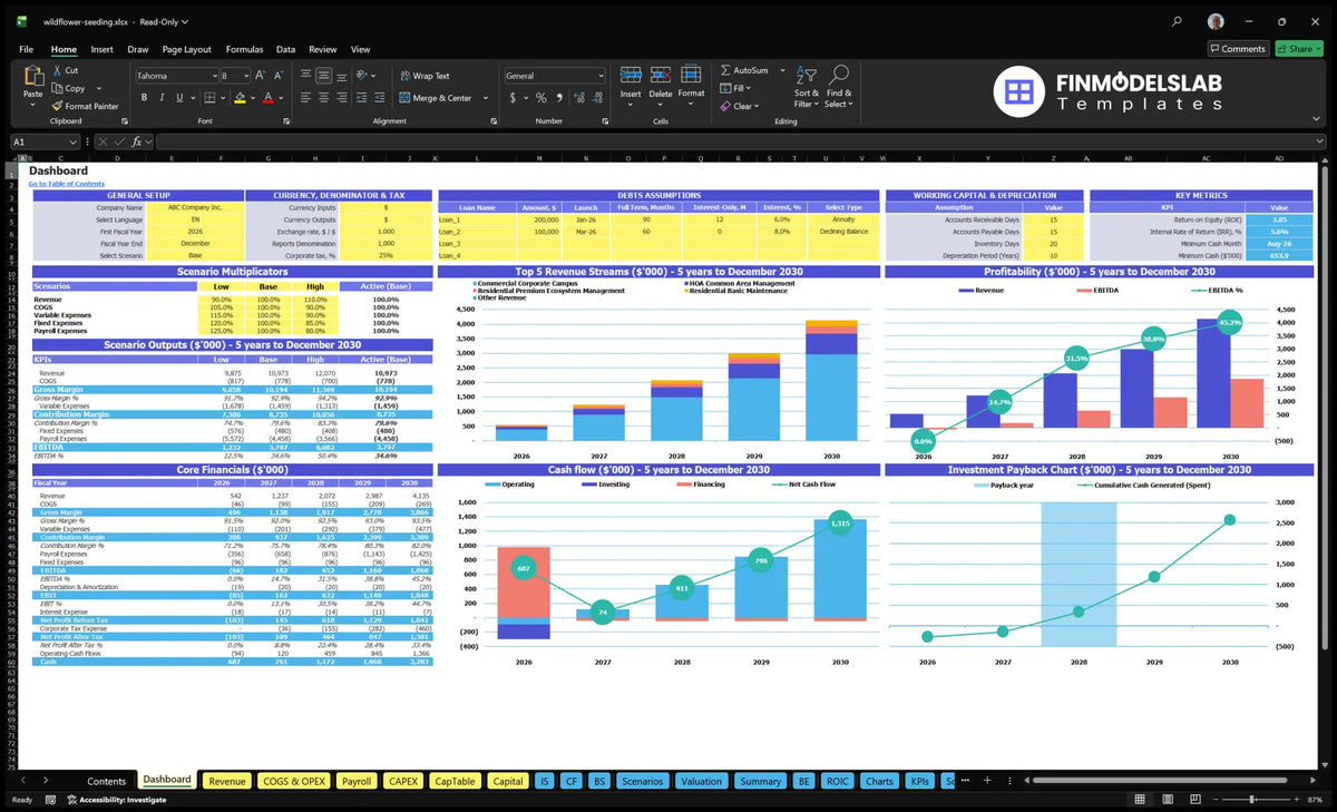 Wildflower Seeing Service Dashboard with model configuration, scenario multipliers, financial KPIs, revenue mix, profitability, cash flow and return charts