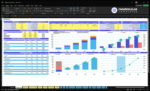 Wildflower Seeding Service Financial Model dashboard summarizing key KPIs, runway and cash position with dynamic charts and performance metrics, investor-ready overview to avoid cash-flow blind spots