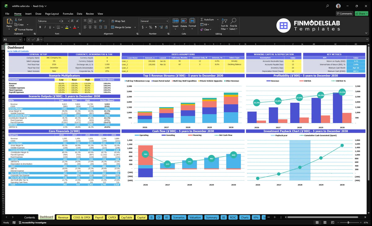 Wildlife Safari Tour Dashboard company showing configuration controls, scenario results, revenue mix, profitability, cash flow, key metrics and return on investment