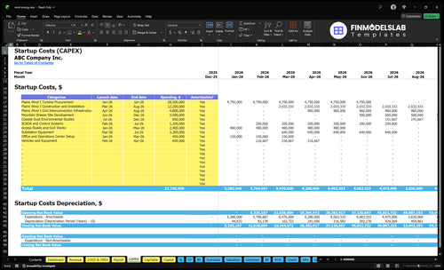 Wind Energy Financial Model capex inputs tab showing customizable capital expenditure drivers for turbines, site development, grid connection and equipment, enabling 5-year spending plans and funding scenarios.