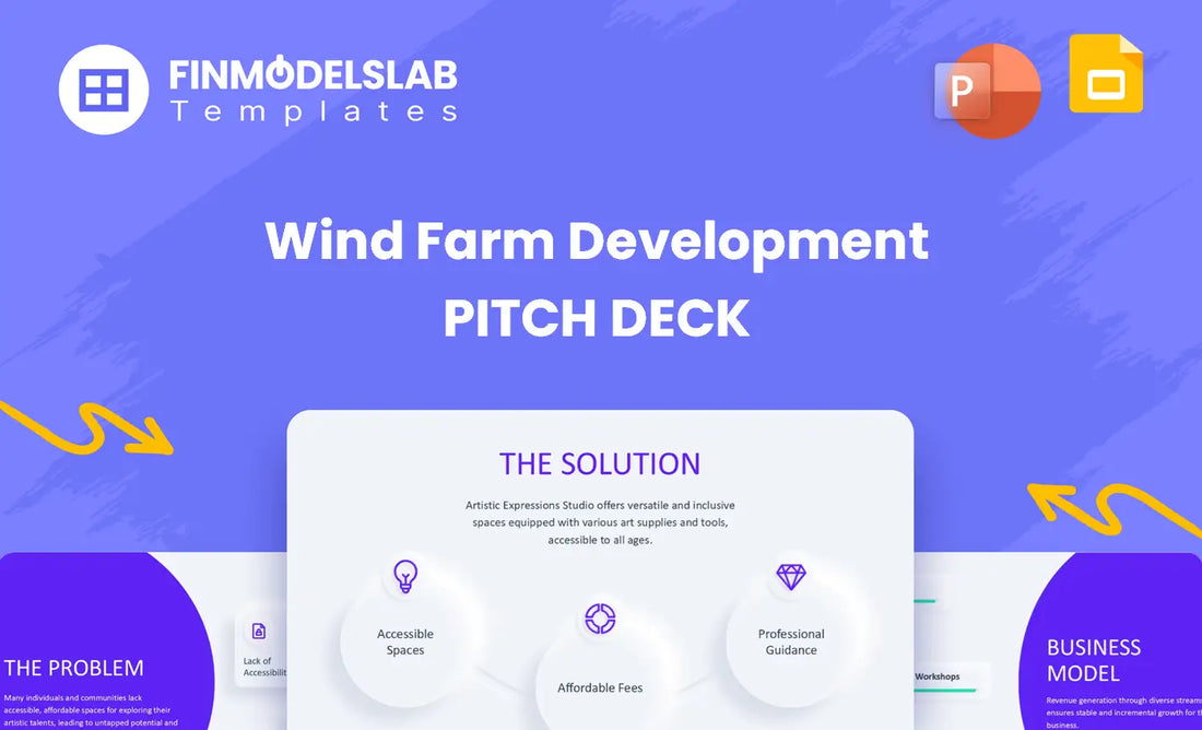 Wind Farm Development Investment Pitch Deck - investor pitch to secure funding for renewable projects, offering investor-ready structure, TAM/SAM/SOM market sizing, and fundraising ask; solves unclear investor expectations and tight deadlines.