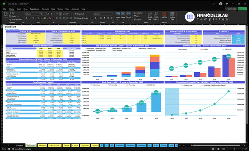 Wine Club Financial Model dashboard summarizes key KPIs, runway/cash and performance with a dynamic dashboard, highlighting subscriber growth, ARPU, churn and investor-ready visuals to fix cash-flow blind spots