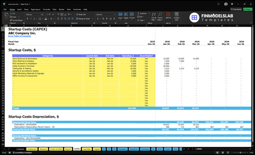 Wine Shop Financial Model capex inputs showing capital expenditure categories and timelines, letting users customize startup and growth investments, equipment and store fit-out costs for scenario-ready planning.
