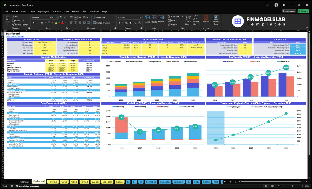 Dashboard for wines with scenario control, configuration assumptions, basic finances, revenue charts, cash flow and return on investment