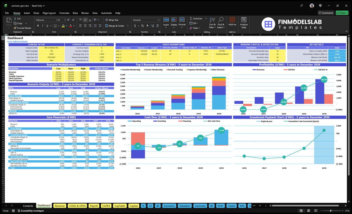 Women's gym Financial Model Dashboard with scenario control, income mix, basic finances, profitability, cash flow and return charts