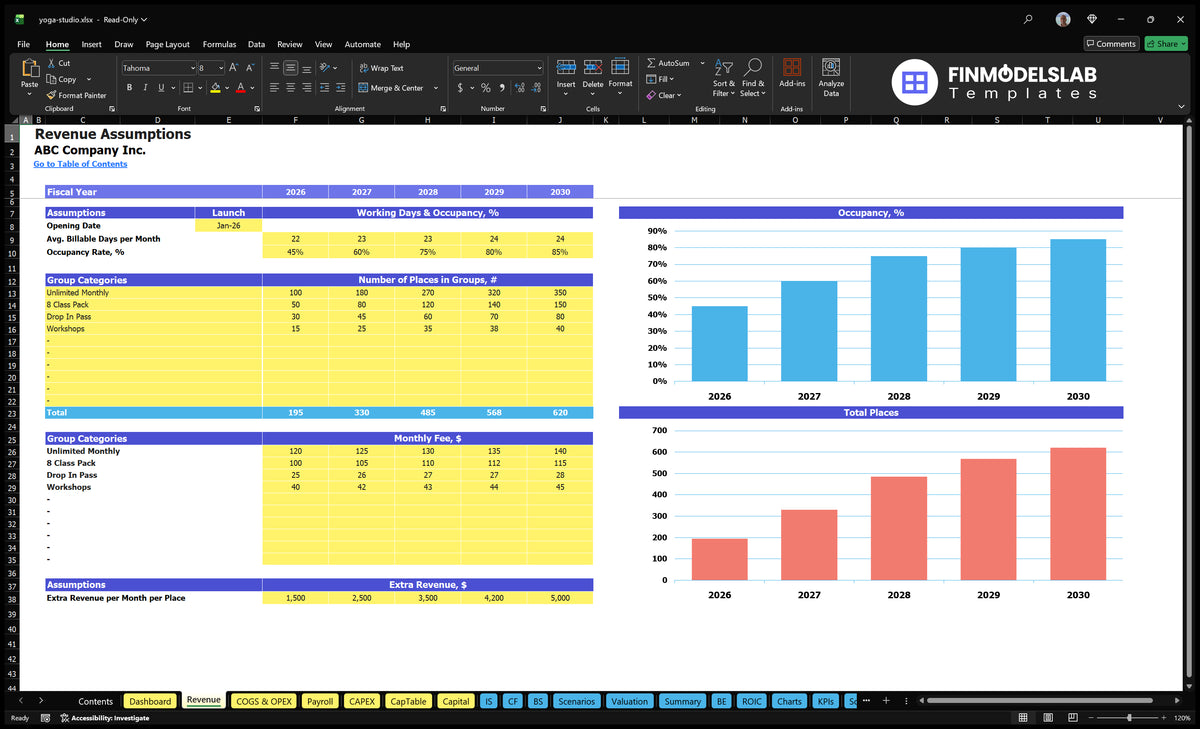 Yoga Studio Financial Model Revenues Founding sheet with covering, studio group space, monthly fees and additional revenue