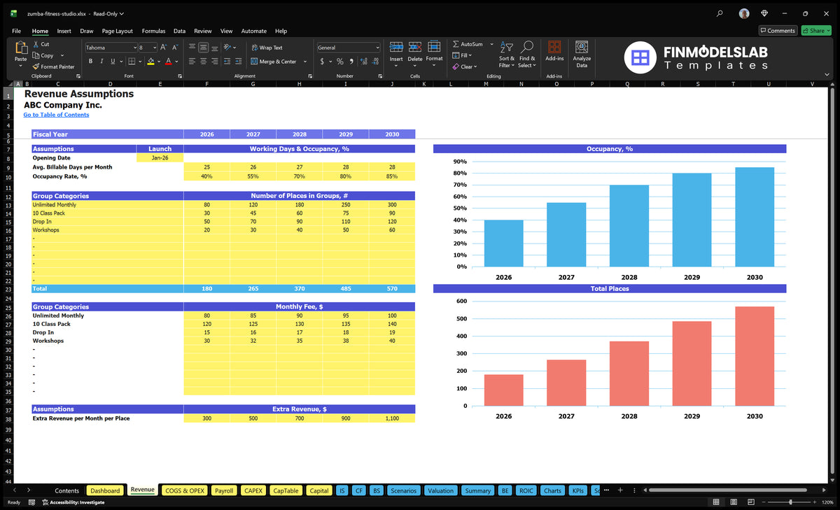 Zumba Studio Financial model Revenue Establishment of a sheet with a launch date, billing days, betting, group seats, monthly fees, additional revenue and capacity charts