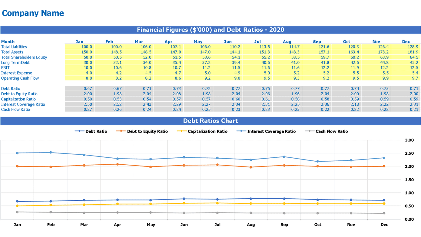 Monthly financial figures, calculated debt ratios, and debt ratios chart in the Excel workbook