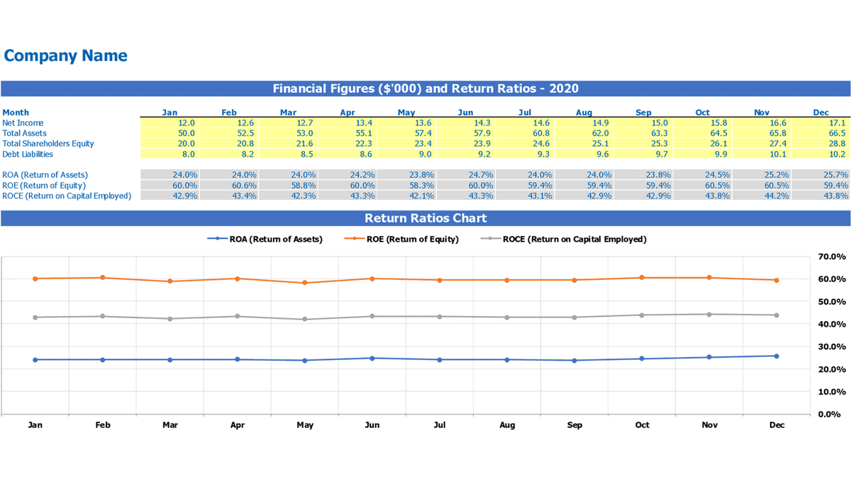 Monthly financial figures with ROA, ROE, ROCE, and a return-ratios chart