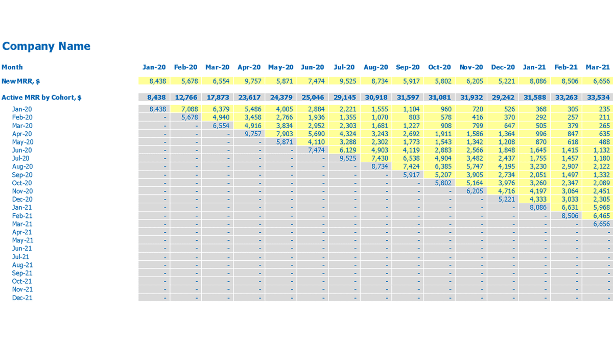 Monthly new MRR and active MRR cohort schedule