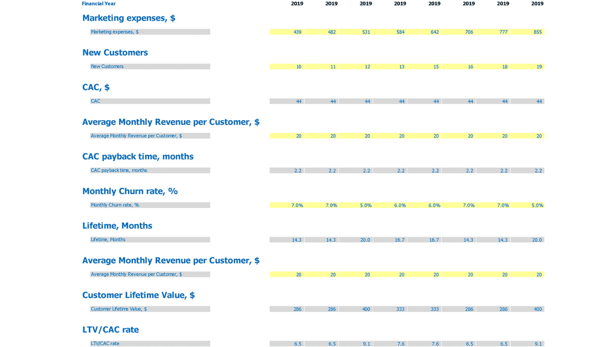 Monthly CAC and LTV input and calculation table