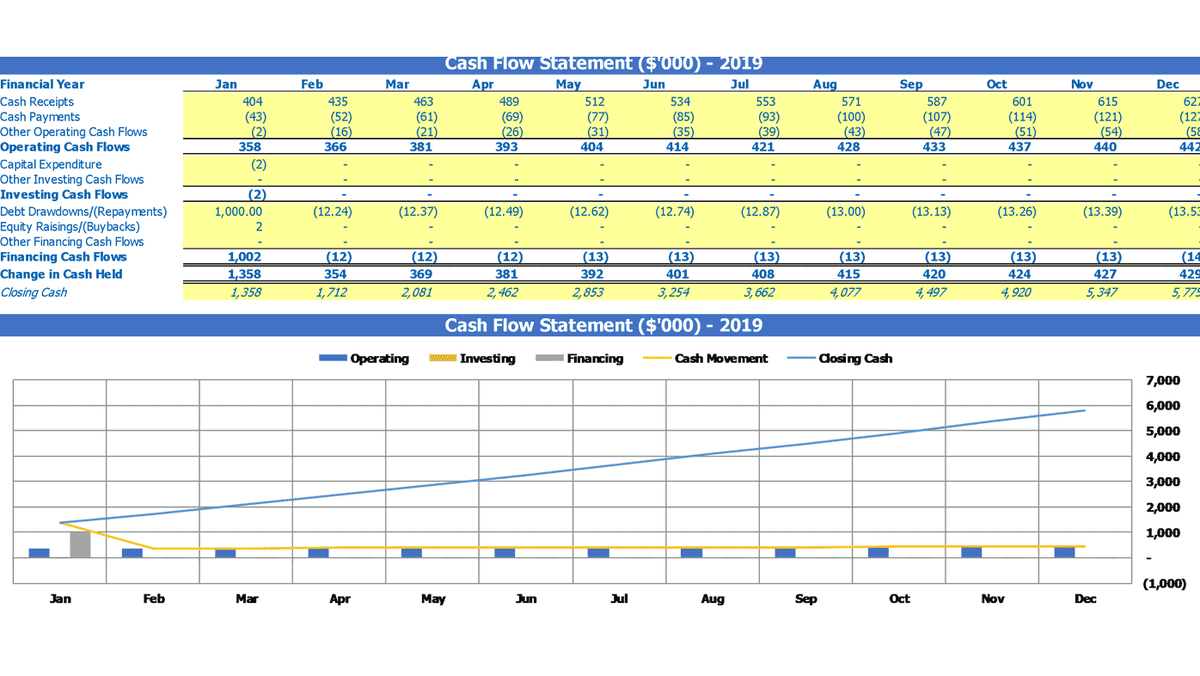 Monthly cash flow statement and closing cash chart