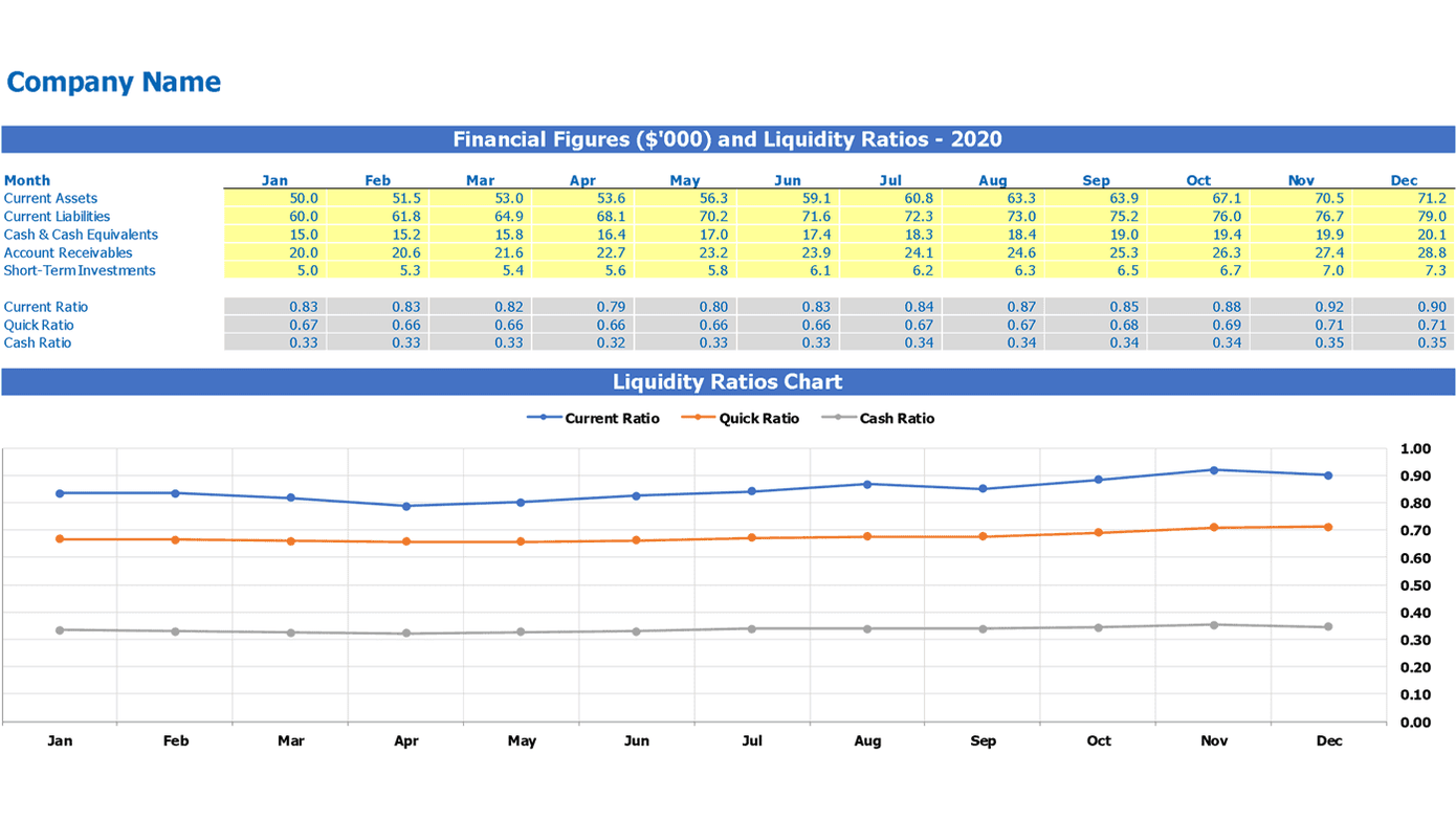 Monthly financial inputs and liquidity ratio chart in the Excel workbook