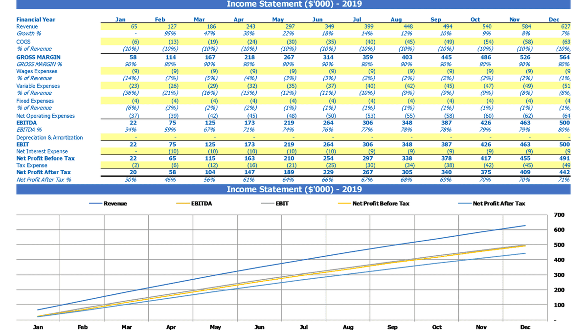 Monthly income statement table and chart for January through December