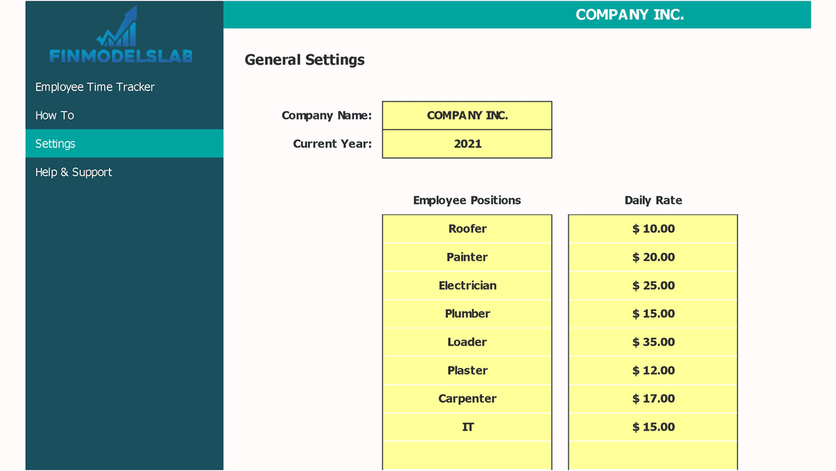 Payroll time calculator settings with employee positions and daily rates