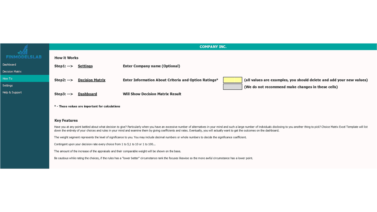 How It Works worksheet for the decision matrix template