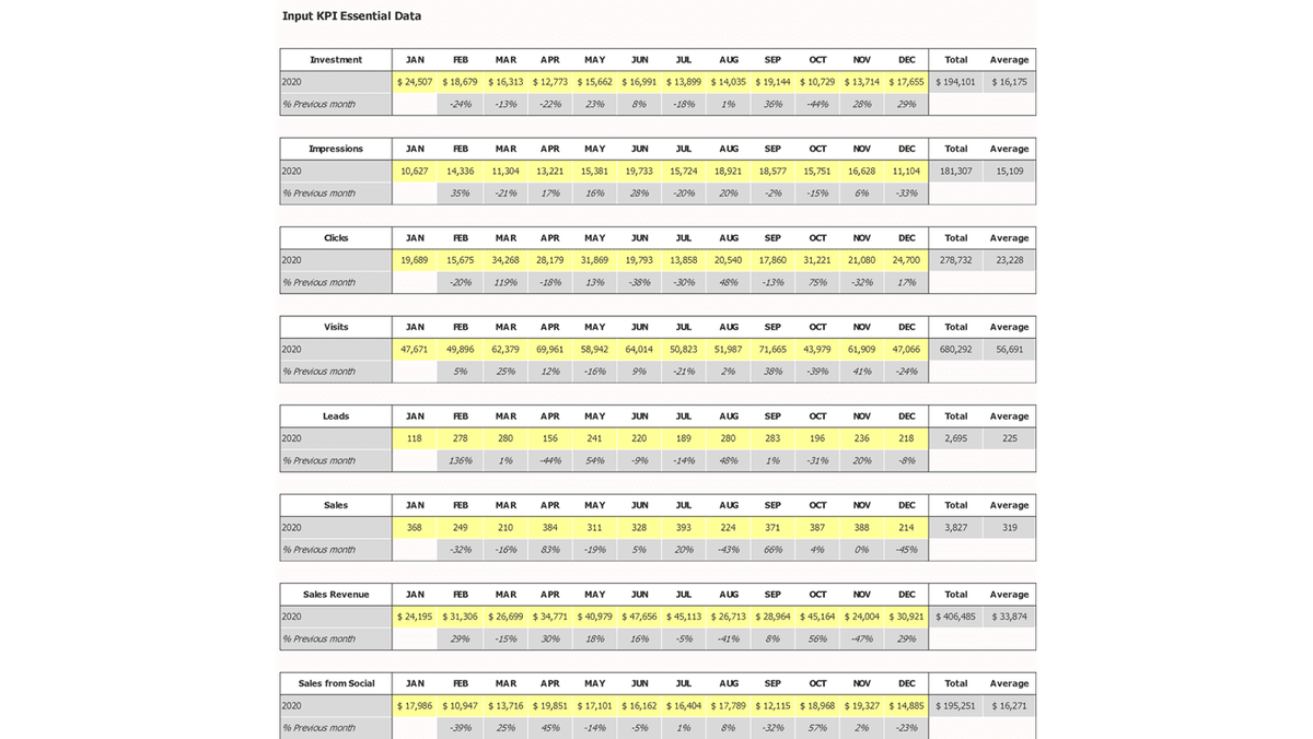 Monthly social media KPI input tables for investment and funnel activity