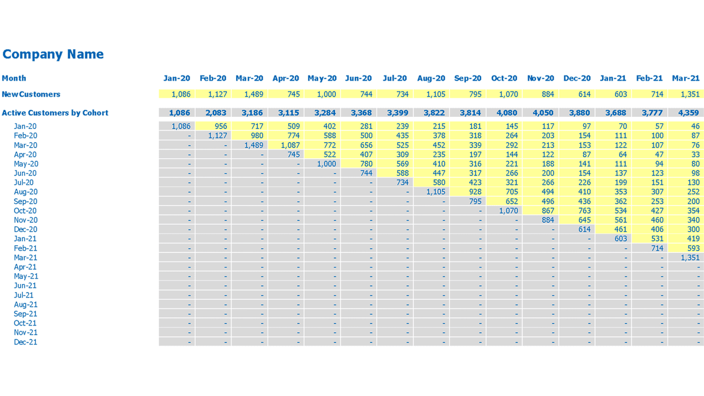Monthly new customers and active customers by cohort table